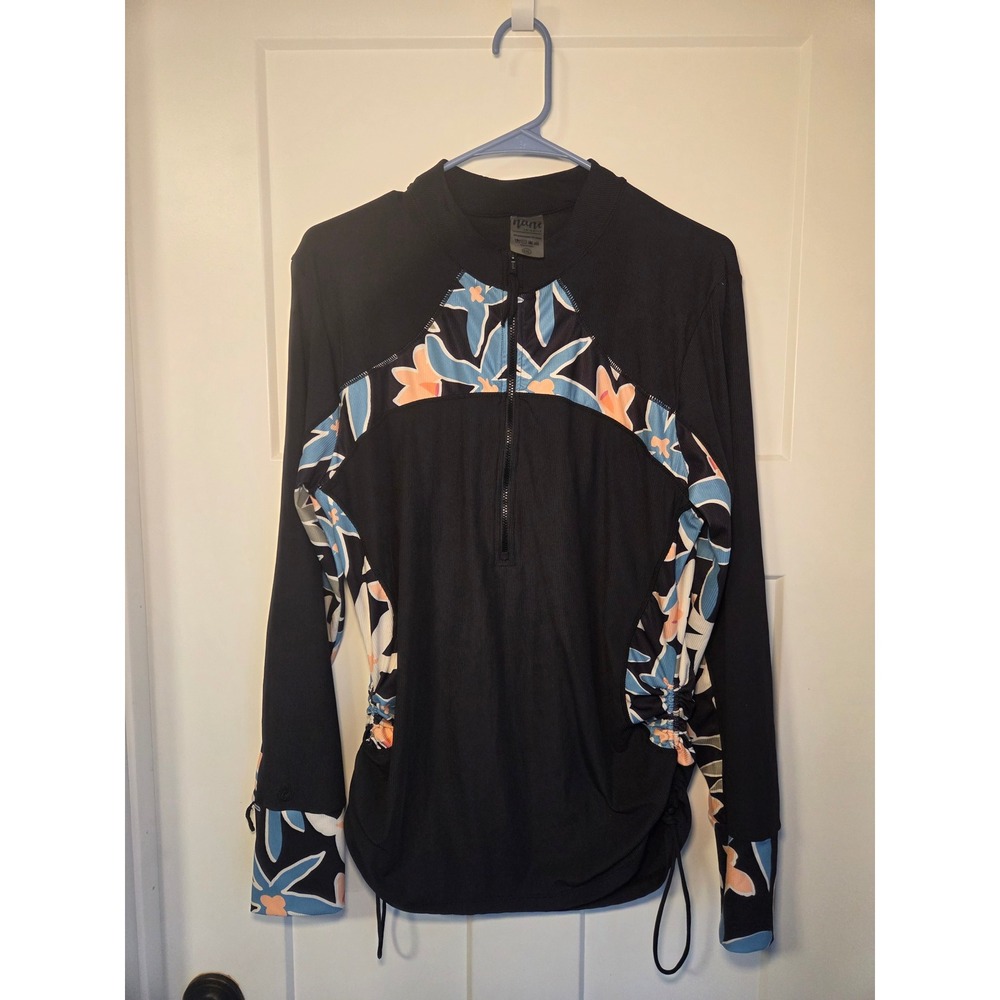 Nani Swimwear Black Floral Ribbed Long Sleeve Rash Guard XXL Quarter Zip Top